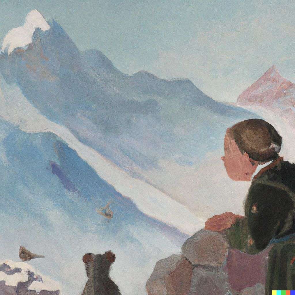 someone gazing at Mount Everest, by Beatrix Potter